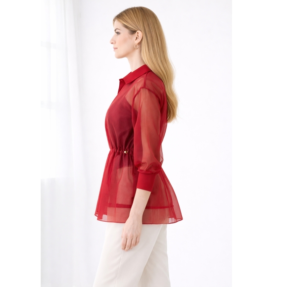 GSTQ Sheer Cinched Zip Jacket Valentine Red Gold Hardware Sz M Made in Portugal - Picture 4 of 9